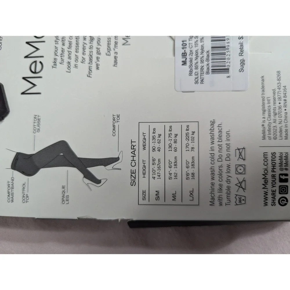 1 Pair MeMoi Control Top‎ Black opaque tights womens M/L NEW